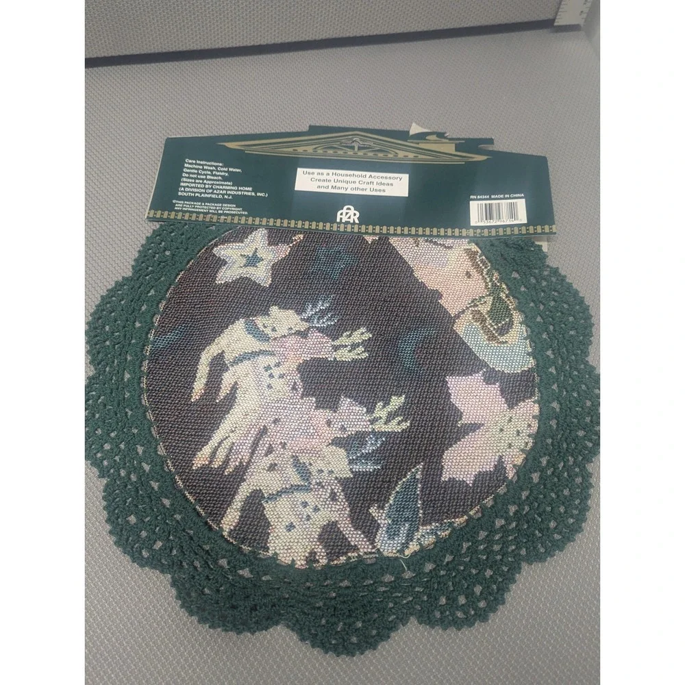 Set of 2 Vintage Christmas Tapestry Doilies Green Crochet Lace 14
